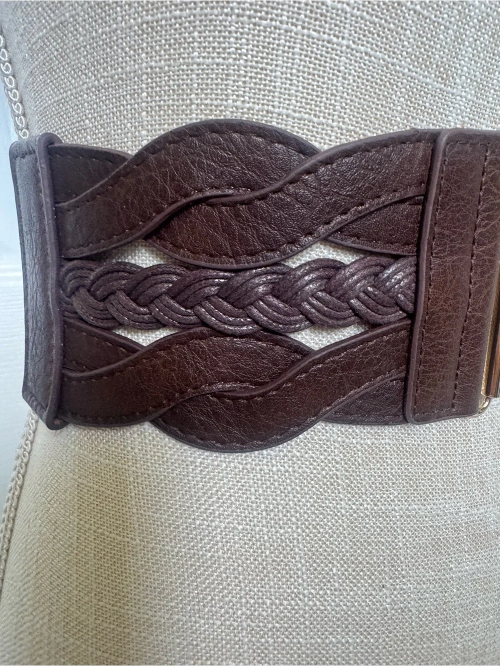 Brown Braided Stretch Waist Belt Gold Tone Buckle Wide 3